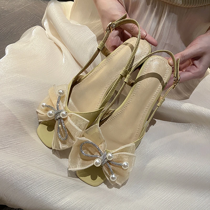 

Bow Baotou Women Shoes Sweet Square Toe Low Heels Sandals Fashion Elegant Summer New Flat Comforty Solid Color Chaussure Femme