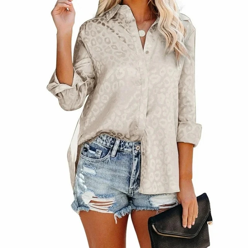 

Elegant Office Worker Long Sleeve Leopard Jacquard Shirt Lapel Button Shirts Spring Autumn Fashion Tops