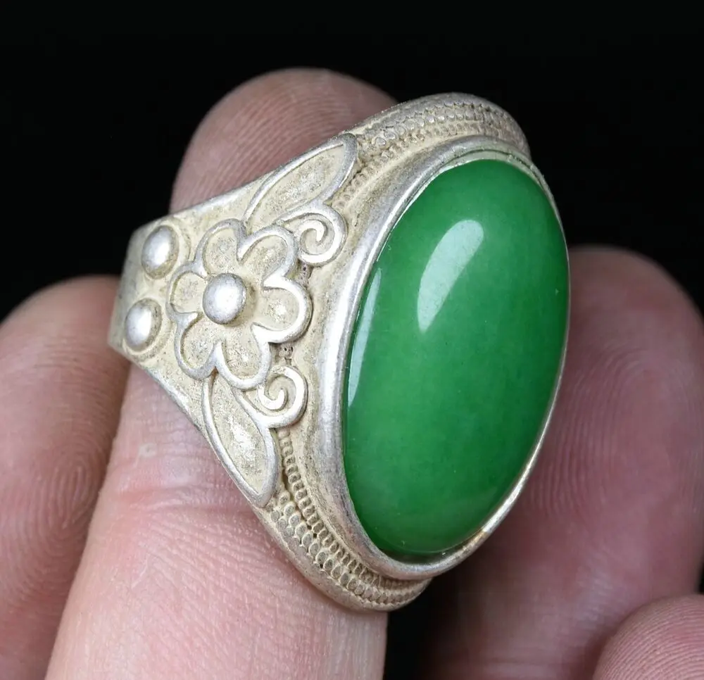 3Cm Rare China Miao Silver Green Gems Bat Flower Jewelry Finger Ring