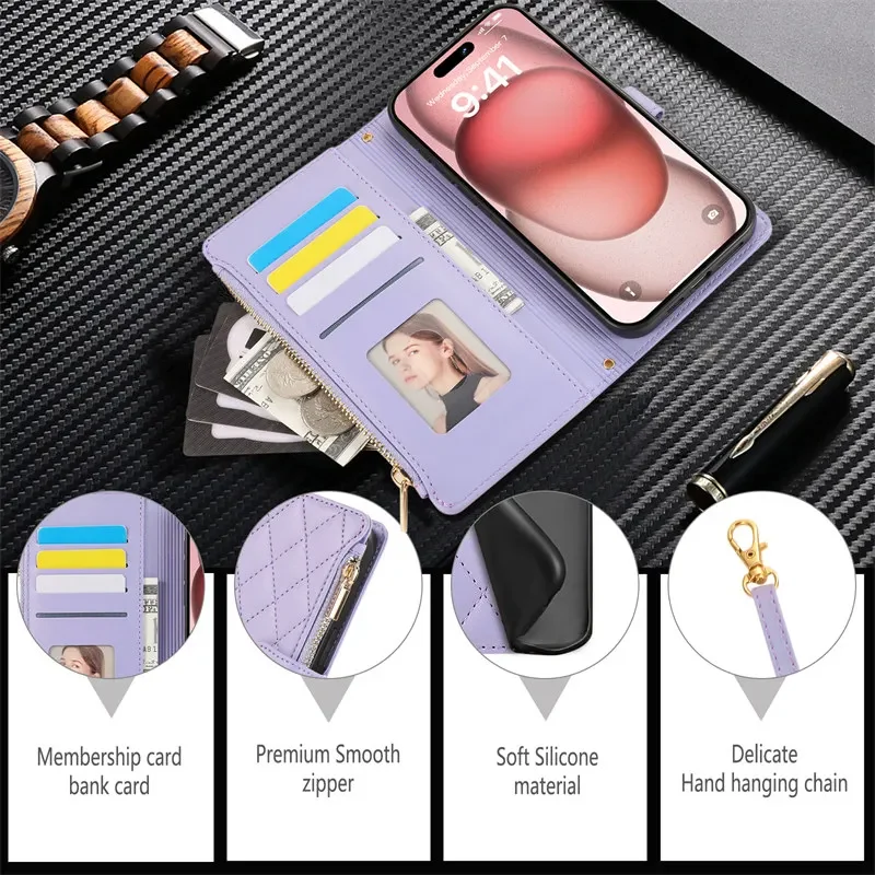 Deluxe Lanyard Flip Leather Phone Case with Zipper Wallet Card Holder