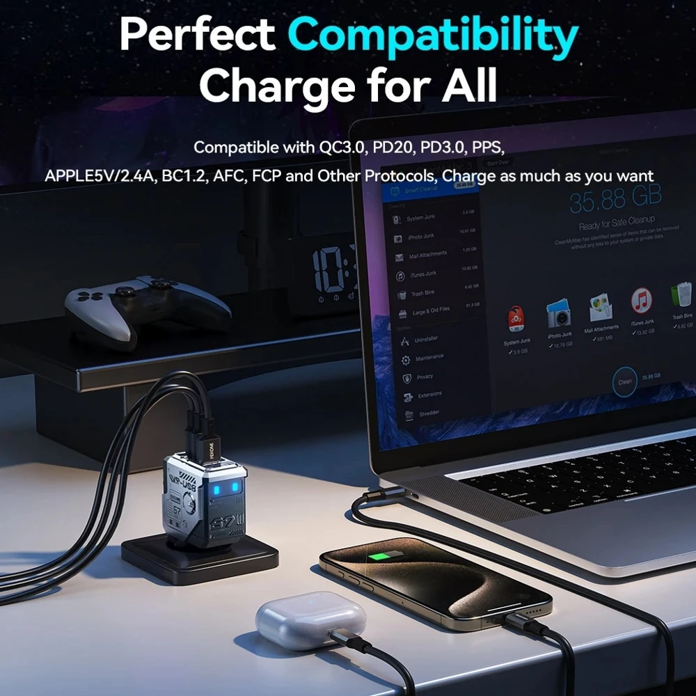 67W GaN Charger Mecha Robot Three Port QC PD Fast Charging Power Adapter