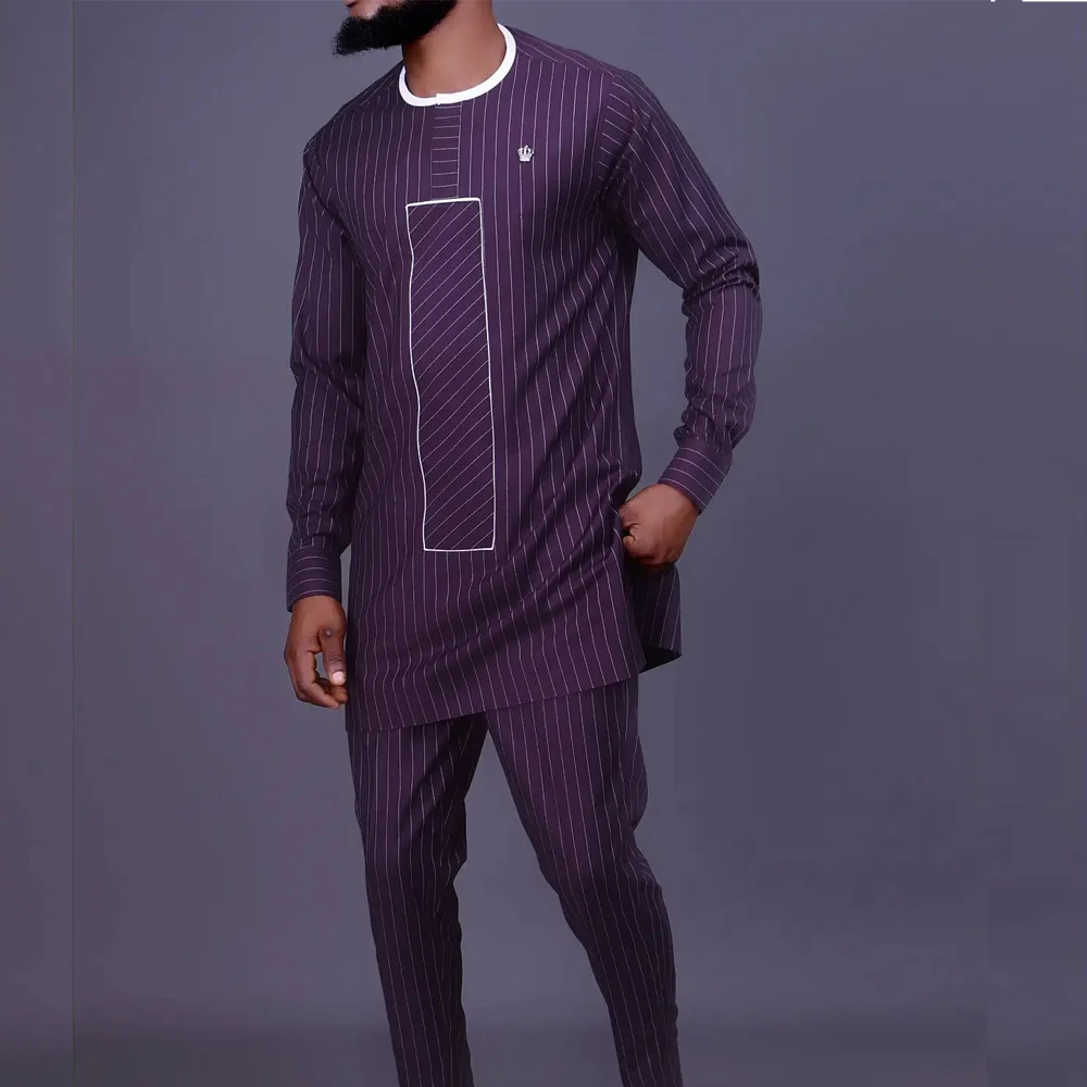 Men's Dashiki Crew Neck Long Sleeve Shirt Striped Pants Set Men's 2 Piece Suit Traditional Men's T-Shirt Men's Pants New Suit