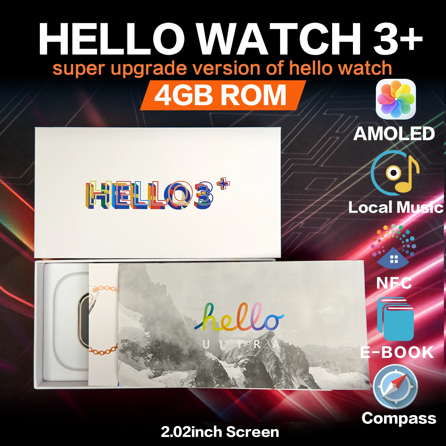 블루투스 통화 스마트 워치 Hello 3 +- 4GROM 트레이너, 메시지 알림 및 심박수 모니터 포함 모든 호환 장치