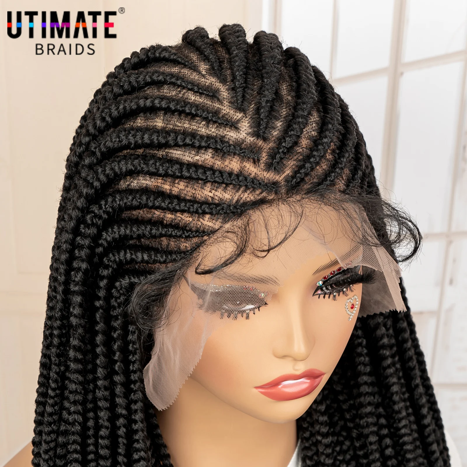 34 Inches Handmade Cornrow Braided Wigs Full Lace Synthetic Knotless Box Braiding Wig Cornrow Braids Lace Wigs African Hair Wigs