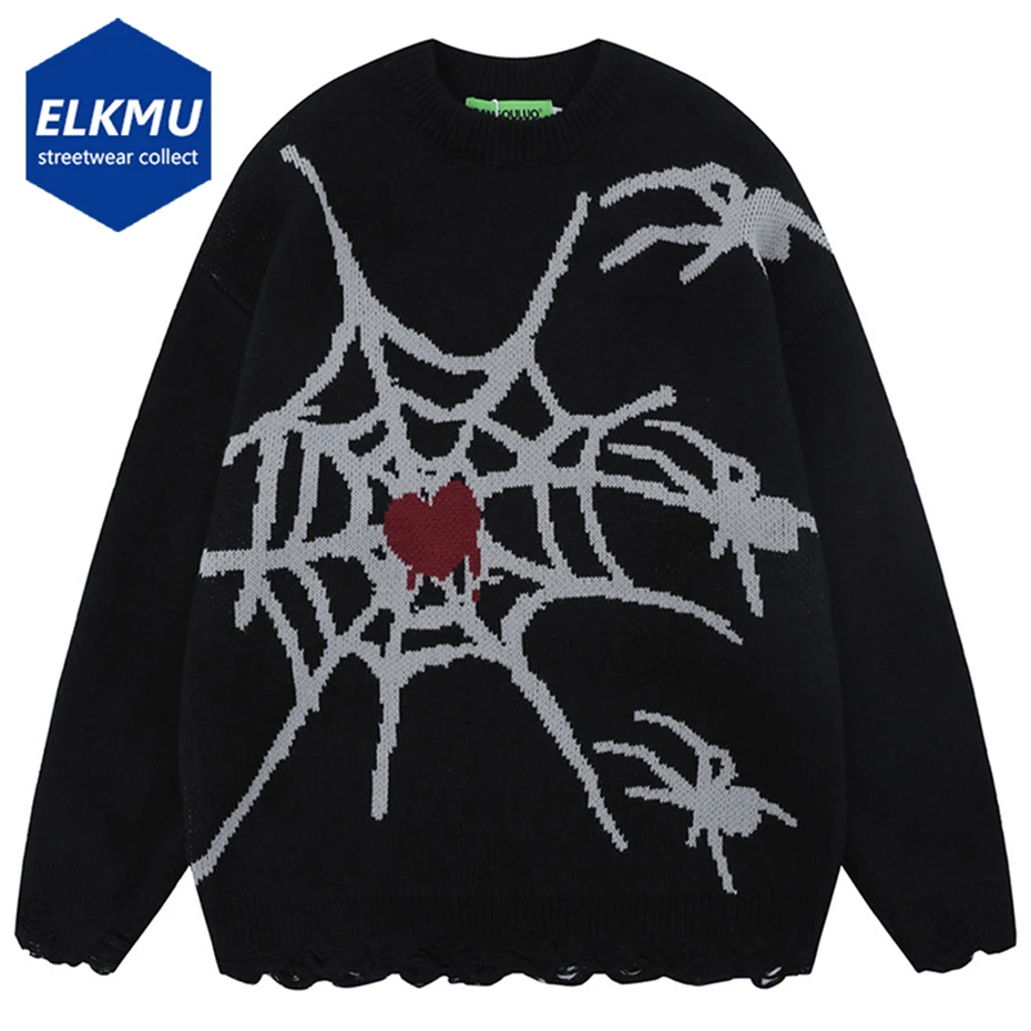 

2023 Men Punk Goth Sweaters Spider Net Distressed Pullver Sweater Loose Harajuku Streetwear Hip Hop Knitted Sweater Jumper Y2K