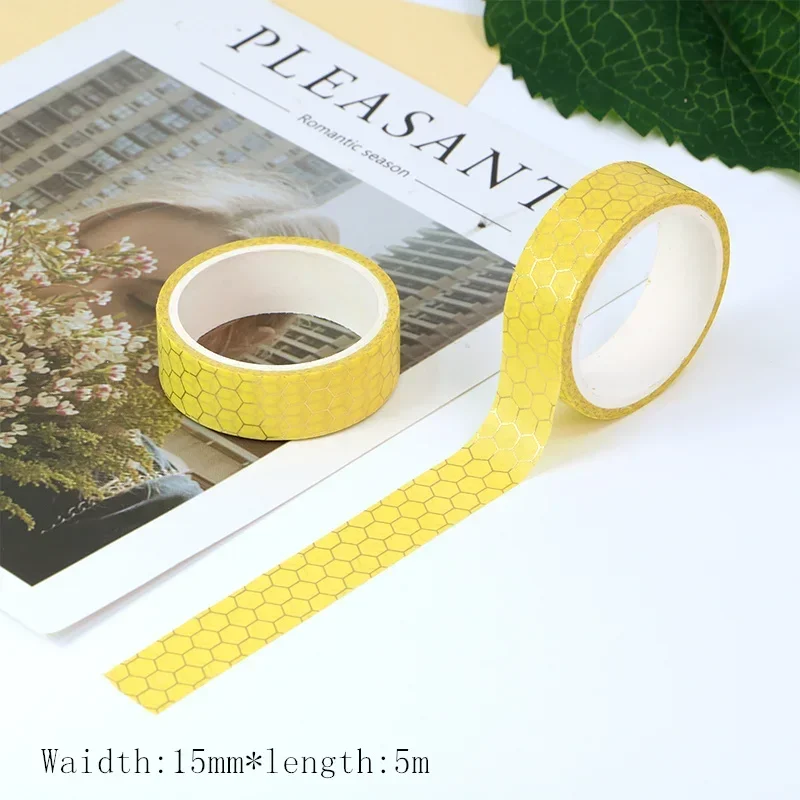 

New 1PC 15mm*5m Gold Foil Honeycomb washi tape kawaii Deco Adhesive Scrapbooking Stationary Supplies Masking Tape sticker