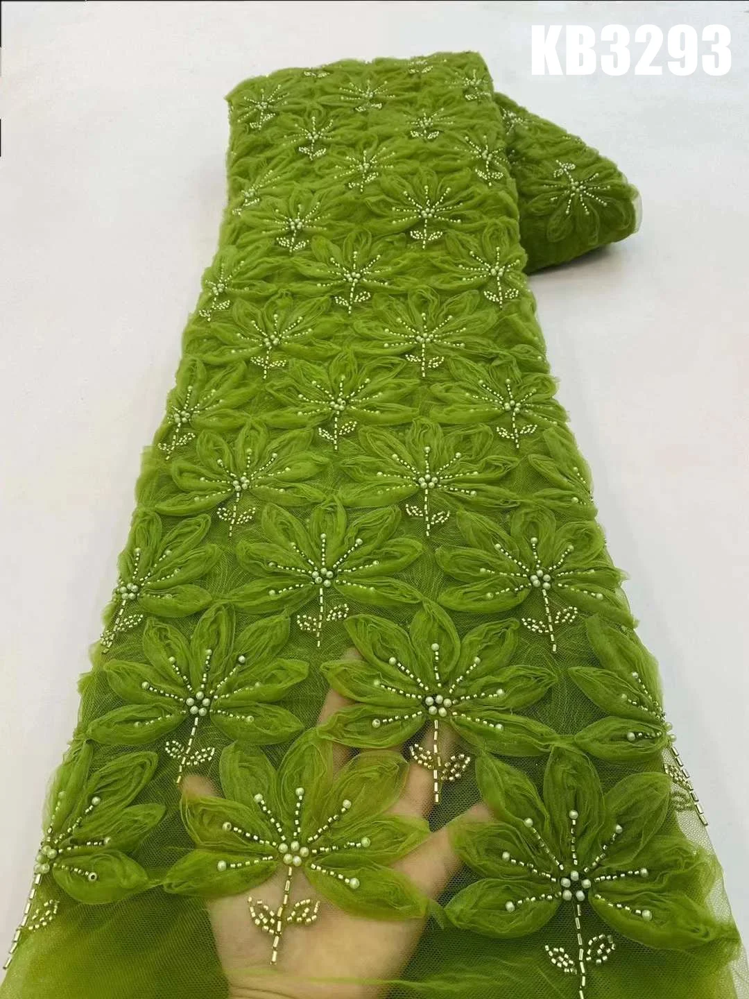 

Green 3d Flower Lace Fabric Latest Lace Fabric High Quality 2023 3d Flower Lace Fabric with Beaded Sequin Lace For Sewing KB3293