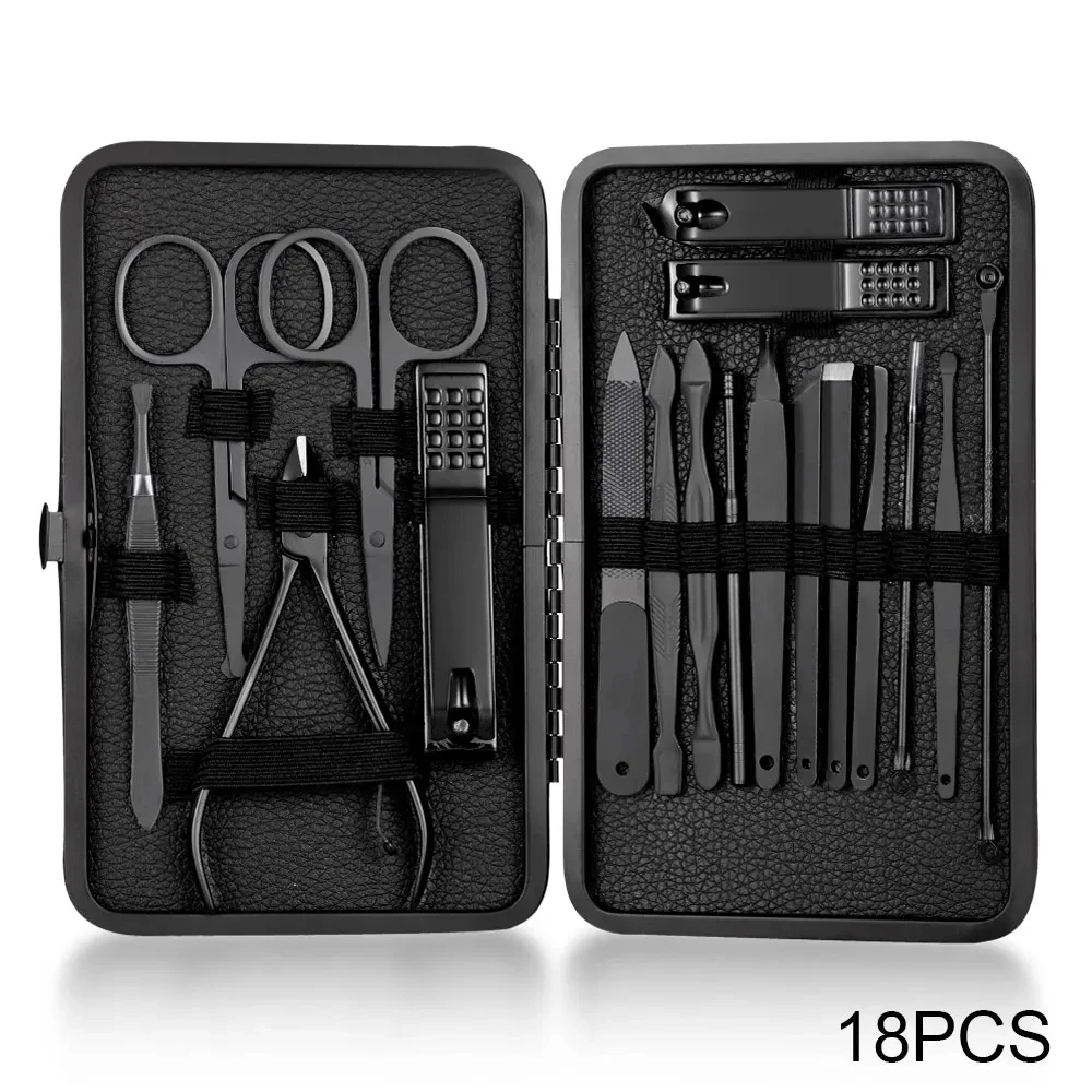 Nail Clipper Set 7-18 piece Black Stainless Steel Complete Set Acne Needles Foot Beauty Pliers