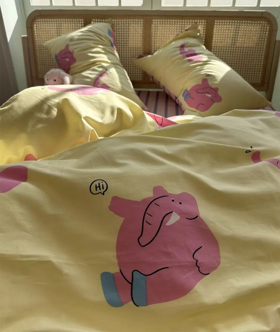 

Cute cartoon elephant pink yellow bedding set teen,twin full queen lovely cotton home textile bed sheet pillow case quilt cover