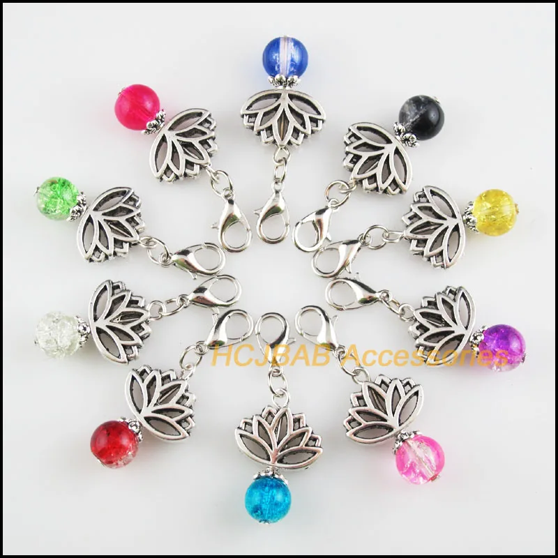 

Fashion New 10Pcs Tibetan Silver Plated Lotus Retro Mixed Shivering Glass 16x25mm With Lobster Claw Clasps Charms