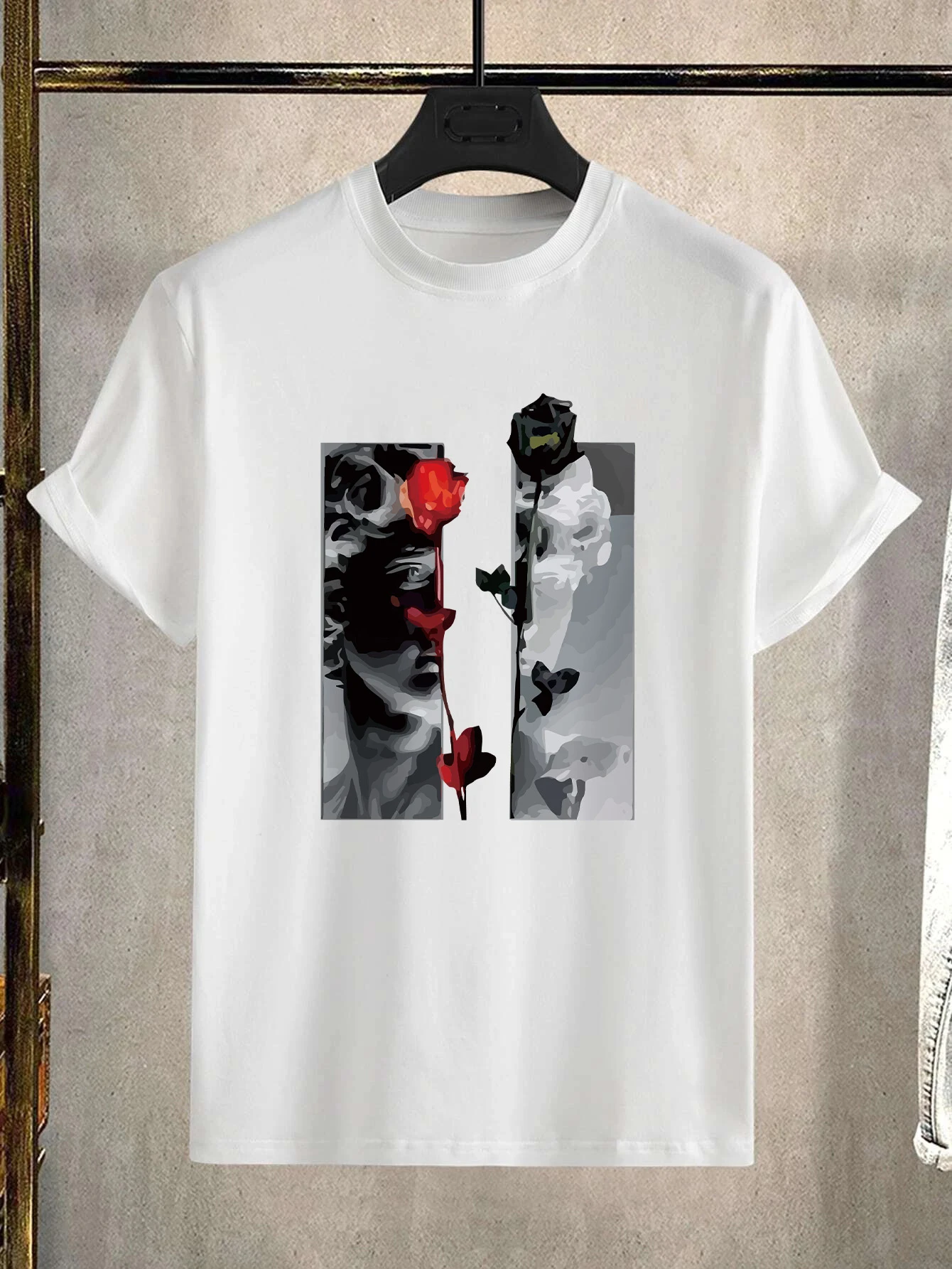 

Men's Casual Trendy Rose Plaster Figure Pattern Print Tees, Short Sleeve Crew Neck T-shirt For Summer