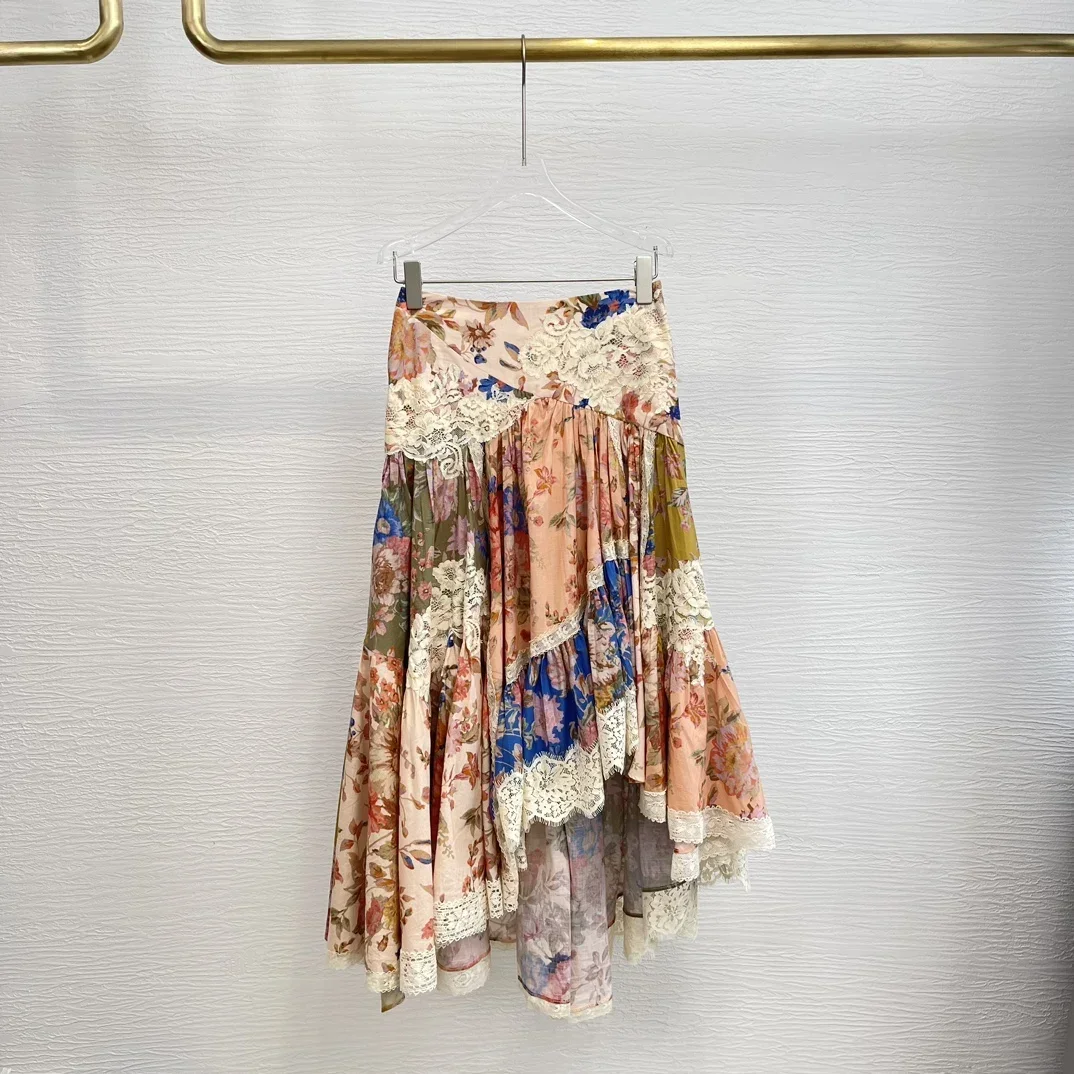 

2024 New Collection Women Floral Print Lace Patchwork Irregular High Quality Midi Skirt for Holiday