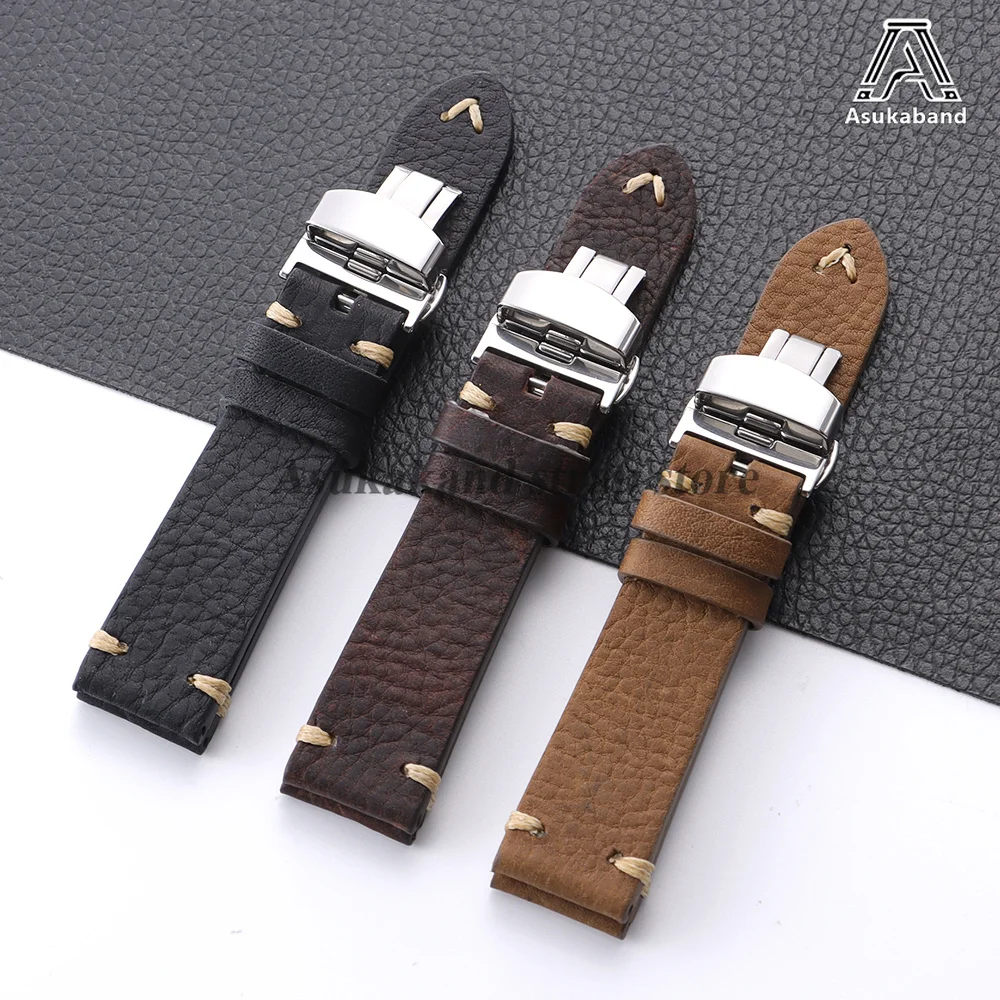 Brown Handmade Stitching Cowhide Leather Watch Band with Butterfly Buckle
