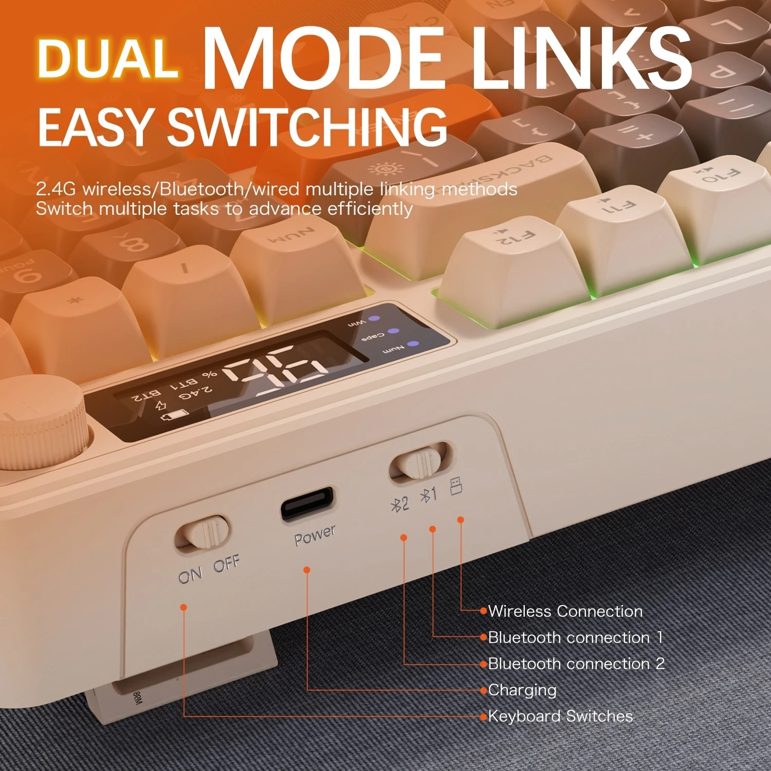 M96 블루투스 무선 키보드 FREEWOLF 디지털 디스플레이, RGB 백라이트, 2000mAh 배터리 및 PC/노트북용 PBT 키캡