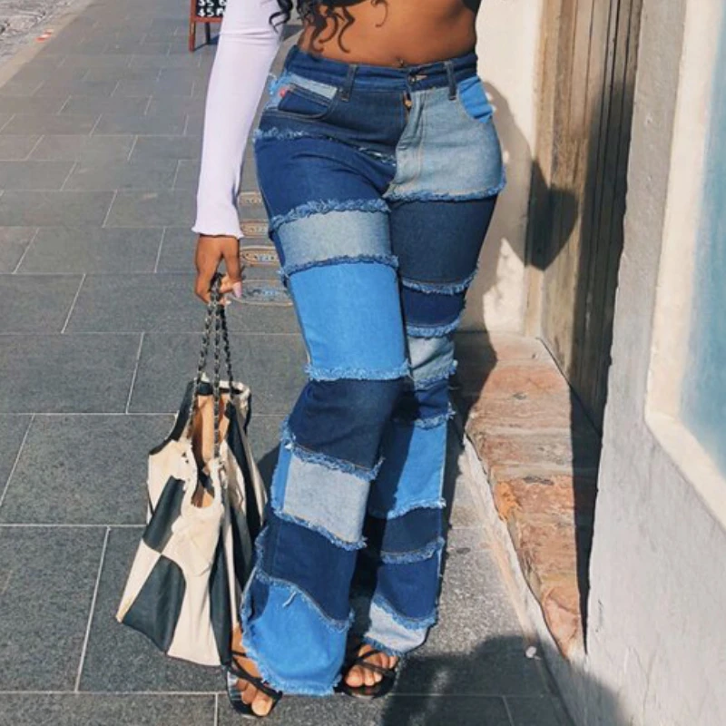2023 Winter New Trend Fashion Patchwork High Waist Tight Hip Flared Denim Trousers Women's Clothing Jeans vintage trousers denim shorts pants washed women fashion tassel ripped hole tight five point pocket summer thin midi jeans 2022