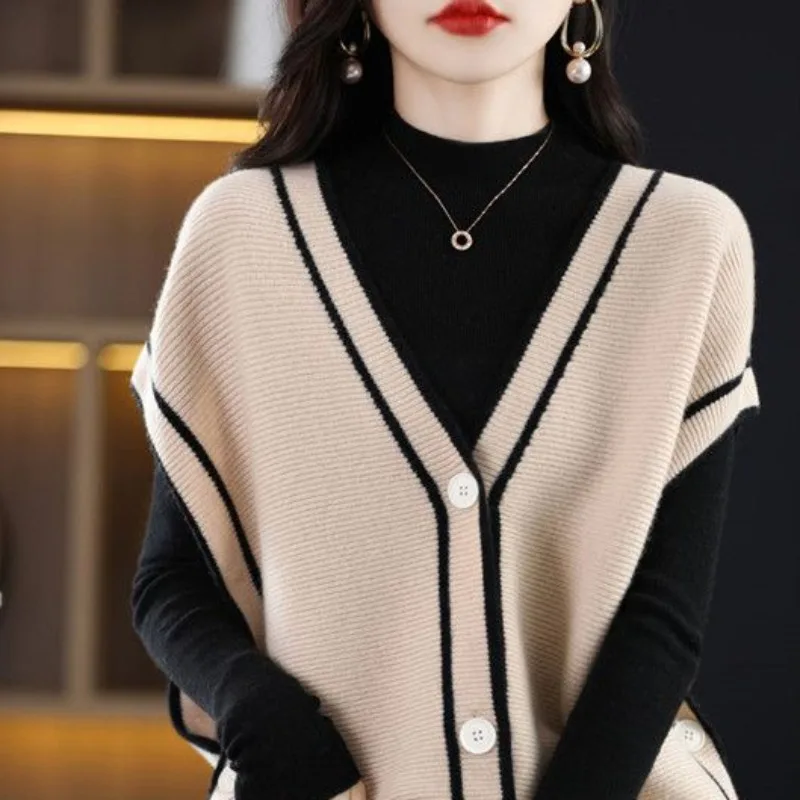 

Versatile Women Contrast Color Loose Sleeveless Tank Top Sweetheart Vest 2024 Latest Autumn Winter V-neck Knitted Cardigan Vest