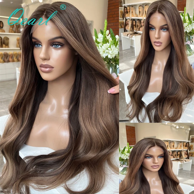 

New in 360 Lace Frontal Wigs Dark Brown Blonde Highlights Full Lace Wig 100% Human Hair Lace Front Wig 13x6 Loose Wavy Qearl