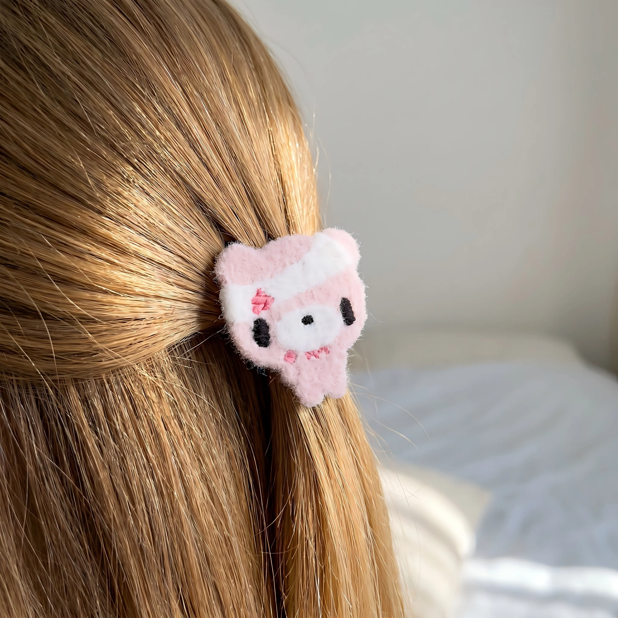 귀여운 봉제 곰 헤어 스티커, 카와이 핑크 곰 패브릭 헤어 클립, 소녀들을 위한 셀프 접착식 헤어 장식