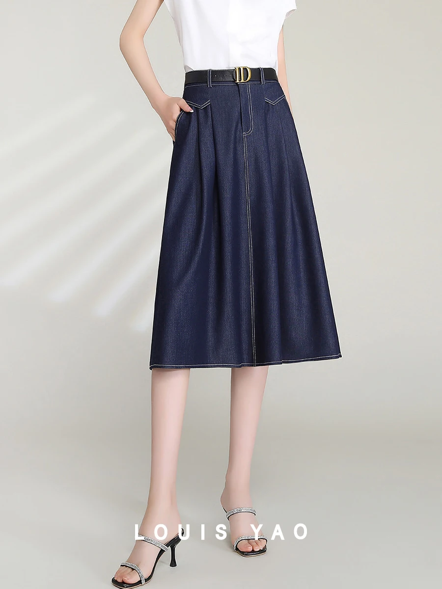 LOUIS YAO Women Skirt Basic Retro Style Knee Length Mid-length A-line Fashionable Chic Denim Skirt for Women