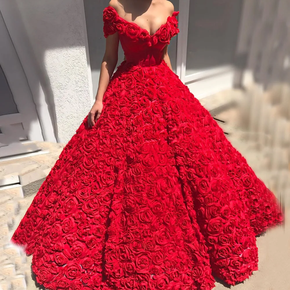 Customized Sexy Red Evening Dresses Long Luxury V-Neck Off-The