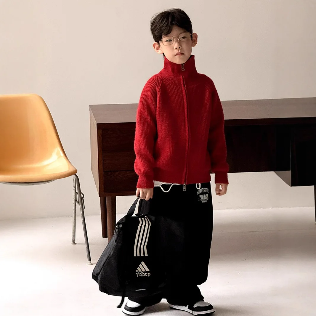 어린이 의류 남아 스웨터 코트 2025 가을 겨울 신상 한국 스타일 레드 스타일리시 니트 가디건 여아 스웨터