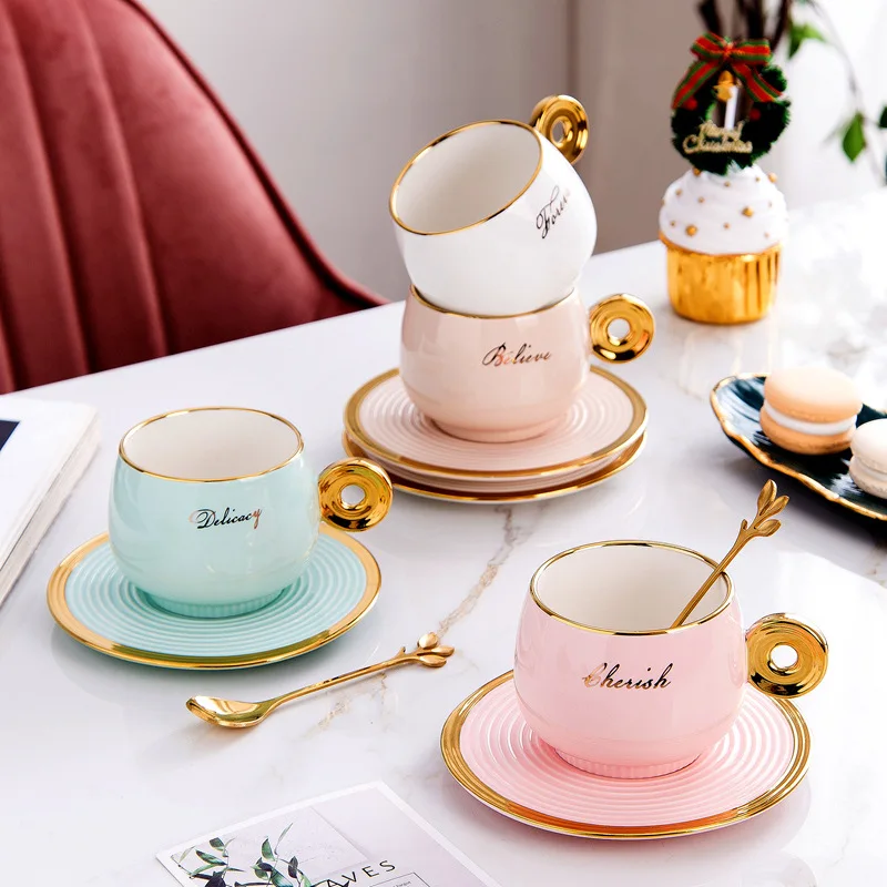 

Nordic coffee cup with ceramic plate, gold ring with handle, mug with tray, Nordic tea cup, home decoration, birthday gift