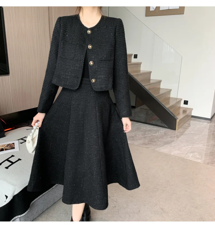 High Quality French Two Piece Set Women Tweed Solid Simple O-Neck Long Sleeve Jacket Coat+High Waist Skirt Suit  Autumn Clothes