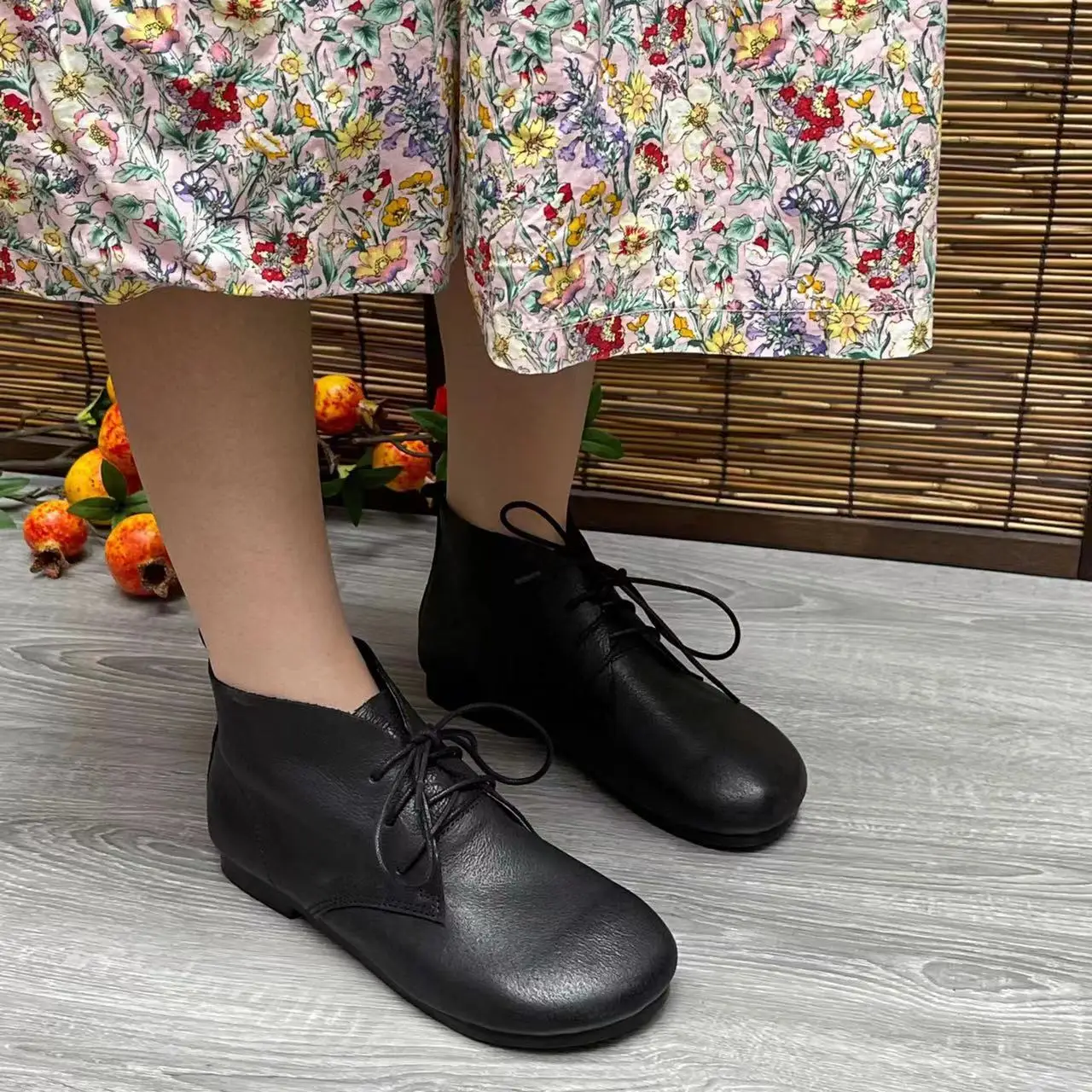 여성용 천연 가죽 신발, 레이스업 따뜻한 부츠, 플랫 힐, 캐주얼 코튼, 여성용 캐주얼 부츠, 가을 및 겨울, 신상, Careaymade-100 %
