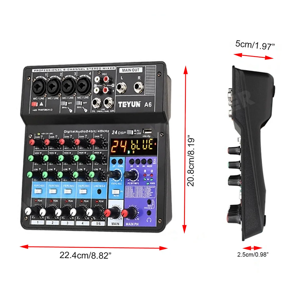 Professional 6 Channel Audio Mixer A6 Sound Mixing Console USB Input 48V Power for DJ Recording Studio
