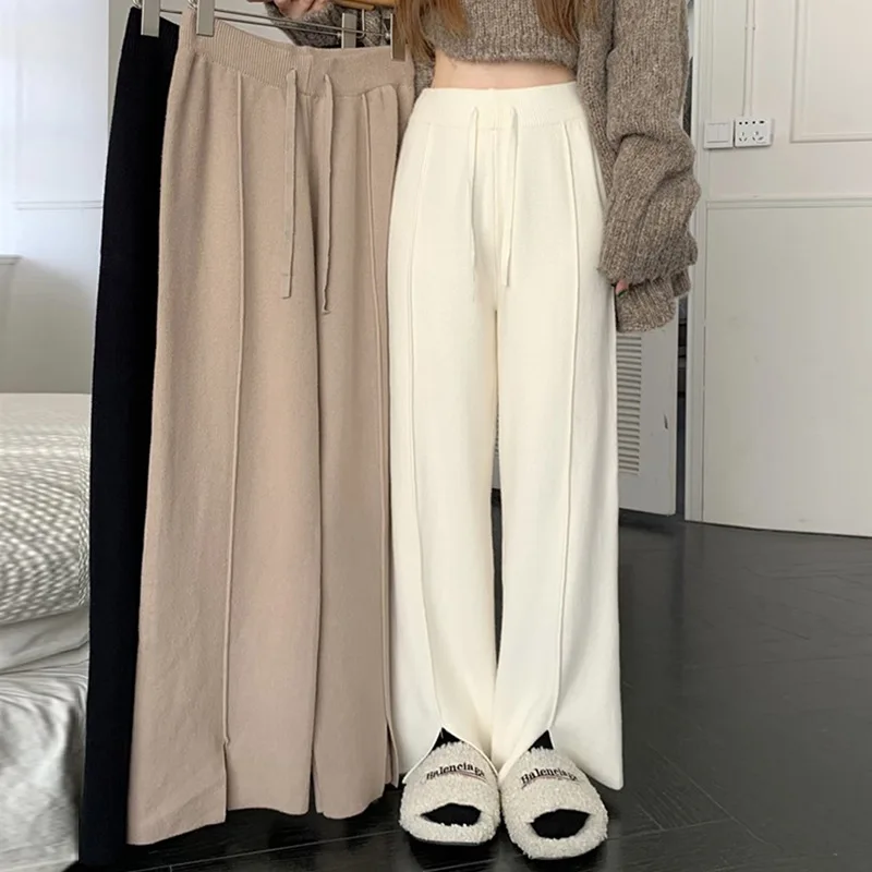 

Japan and South Korea autumn new women's high-waisted loose slim solid color knitted slacks, draped straight slit wide-leg pants