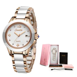 Elegant Women's Ceramic Bracelet Watch - Waterproof Ladies' Timepiece with Gift Box (Rose Gold White)