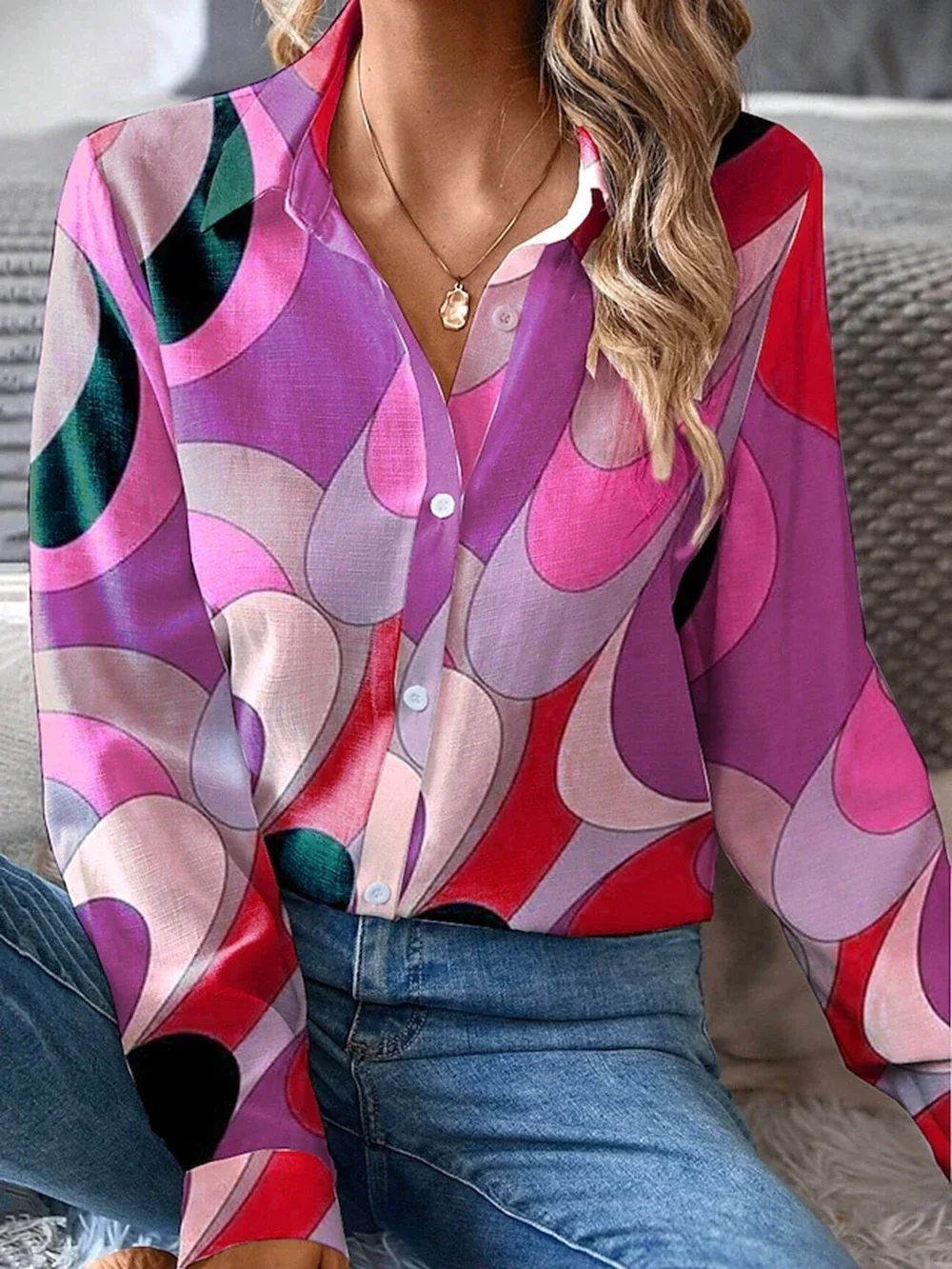 Camisa de manga larga con estampado grafico para mujer, blusa con botones, color amarillo, rojo y morado, informal, a la moda,