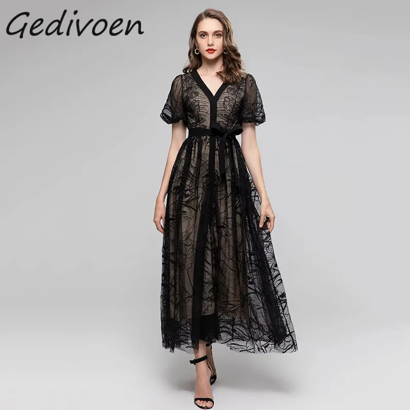 

Gedivoen Summer Fashion Designer Vintage Black Dress Women V-Neck Mesh Embroidery Frenulum Party High Waist Slim Long Dress