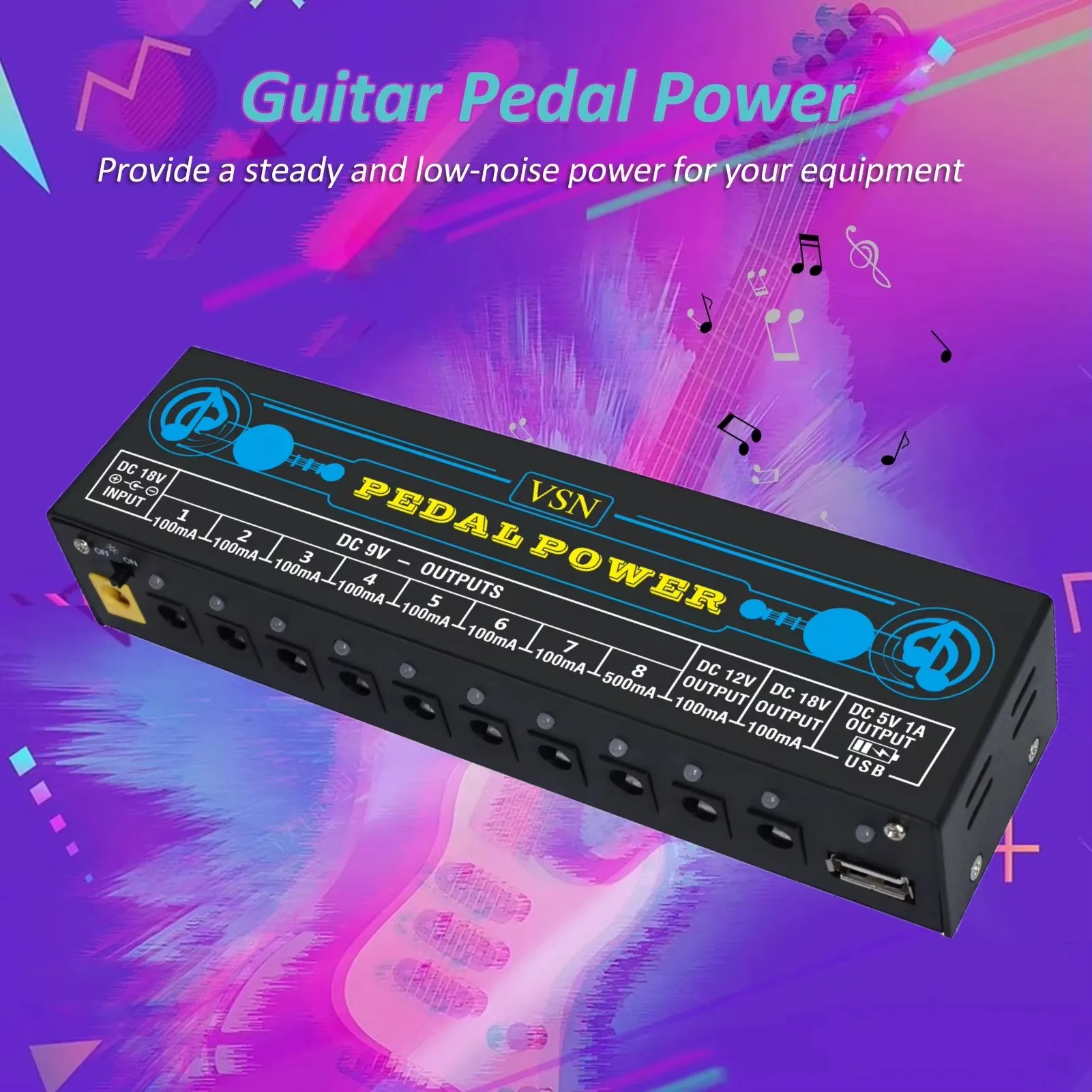 VSN Guitar Pedal Power Supply 10 Isolated DC Output 9V, 12V, 18V 100mA 500mA Bass Effect Pedals with USB Ports Charging Phone