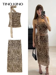 Leopard Print Tub Top Long Skirt Suit Women Sleeveless Fold Tops Hip Package Ankle-length Skirts 2024 Summer New 2 Piece Sets