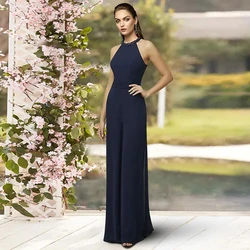 Charming Navy Mother of the Bride Dress Halter Neck Elegant Floor-Length Evening Party Dress Sheath Sleeveless Robe 2024