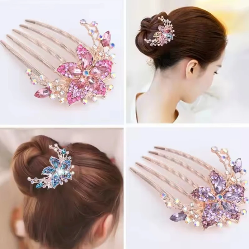 Fashion Flower Crystal Hairclips Rhinestone Hair Combs Plastic Shiny Hairpins for Women Hair Accessories Gift