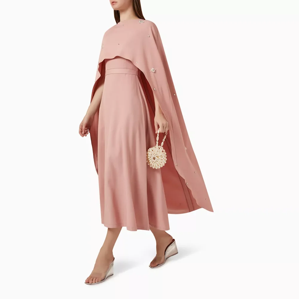 

Muloong Pink O Neck A Line Maxi Dress Asymmetrical Smock Ankle Length Classic Evening Dress Crystal Saudi Aribia Prom Gown