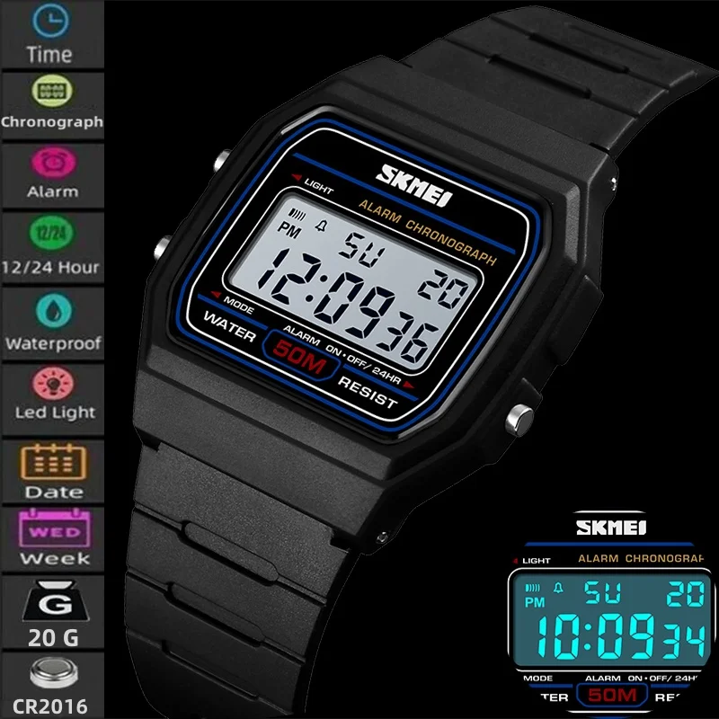 Skmei Women's Led Waterproof Digital Watch PU Strap Swimming Sport's Wristwatch Female Alarm Clock