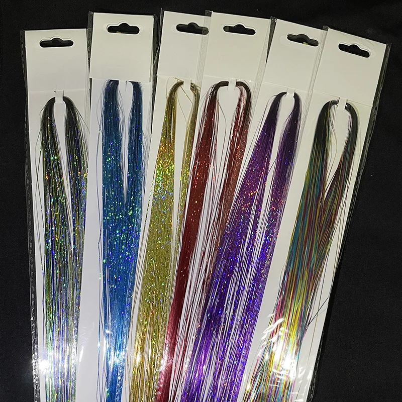 90cm Shiny Sparkle Threads Glitter Hair Tinsel Rainbow Strands Gold Hair Laser False Hair Extensions For Women Girl Kids Styling 4