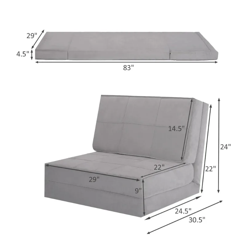 Convertible Fold Down Chair Flip Out Lounger Sleeper Bed Couch Grey 3