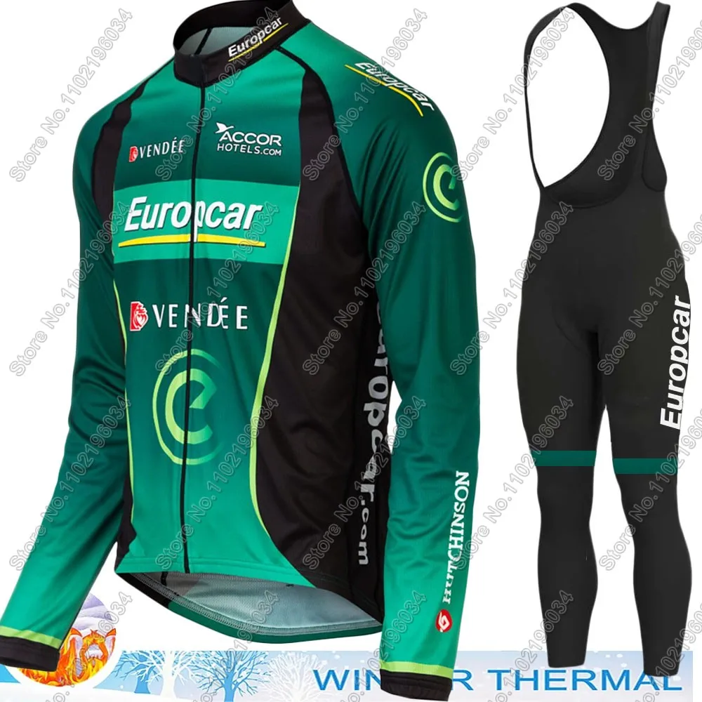 Winter Europcar Cycling Jersey Set Men Long Sleeve Green Thermal Fleece Clothing Suit MTB Bike Road Pants Bib Maillot