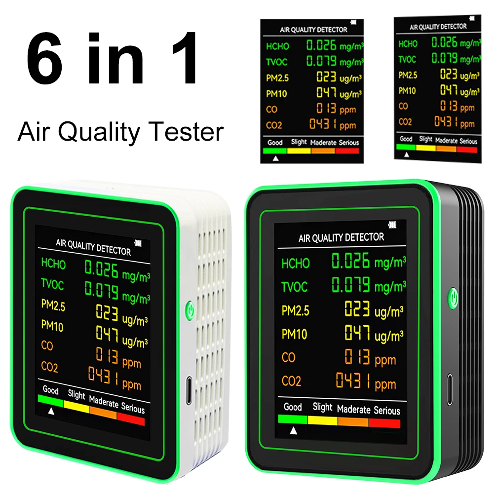 6 In 1 Air Quality Monitor Carbon Dioxide TVOC HCHO Detector Multifunctional Formaldehyde Detector Accurate CO2 Meter for Indoor
