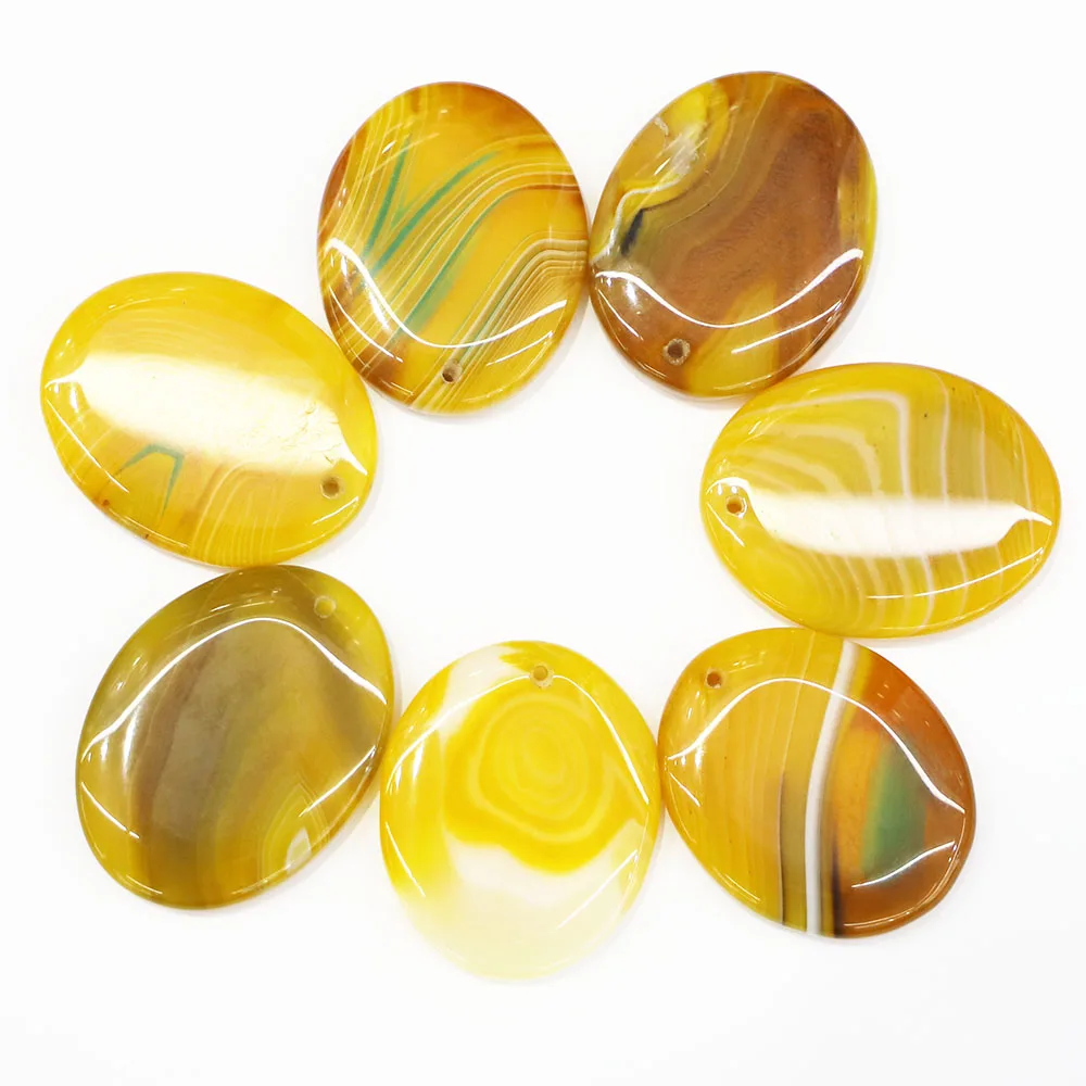 Free Shipping Natural Oval Yellow Stripe Agate Punched Pendant Earring Necklace Making Materials DIY Jewelry Accessories 7Pc/Lot
