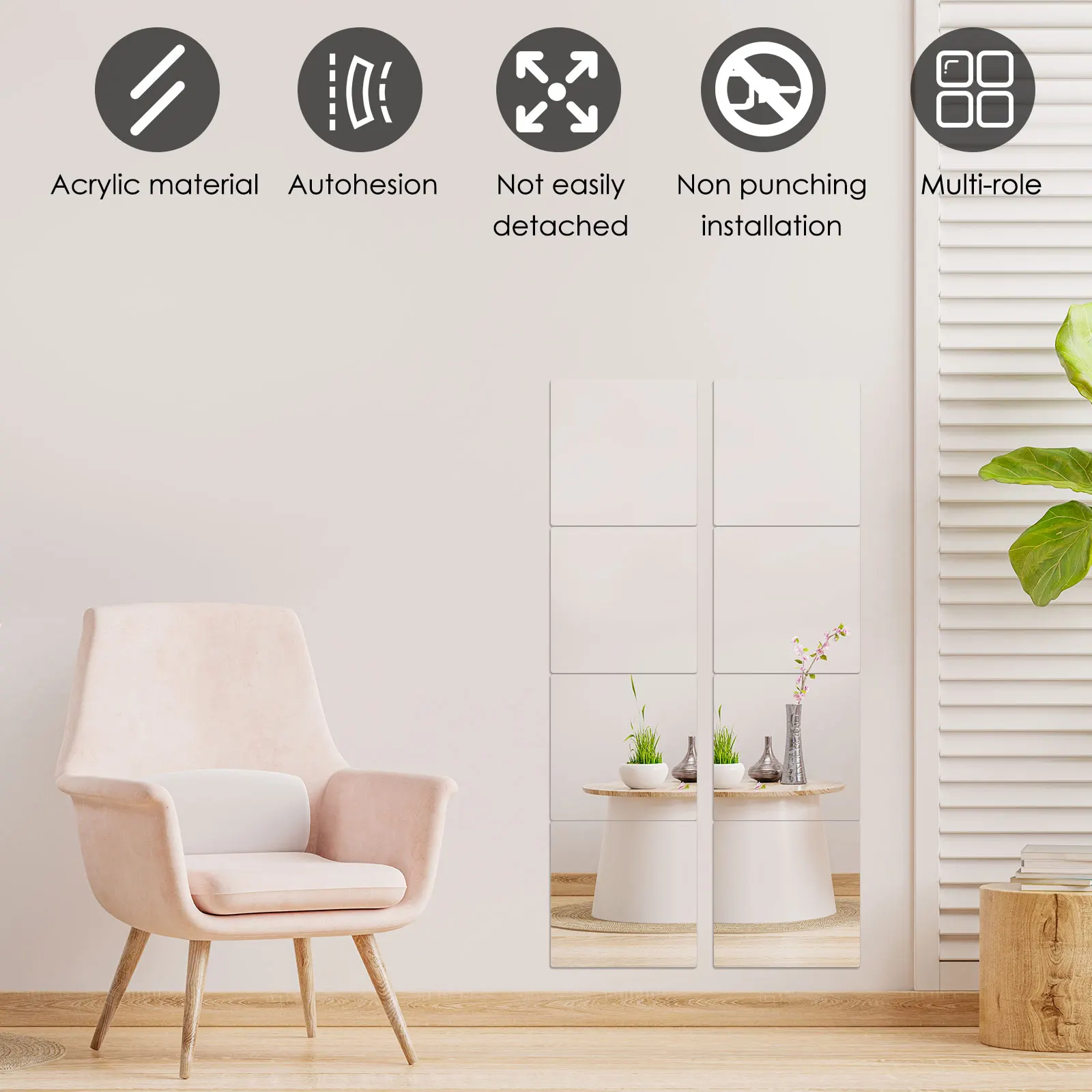 8PCS Mirror Wall Sticker Self Adhesive Mirror Tiles Acrylic Squares Home Decorative Stickers Sheets Acrylic