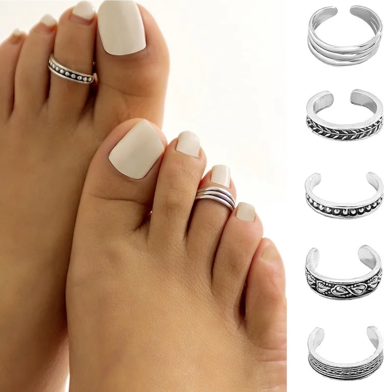 7pcs Retro Hollow Carved Star Moon Toe Rings Adjustable Opening Finger Ring  for Women Boho Beach