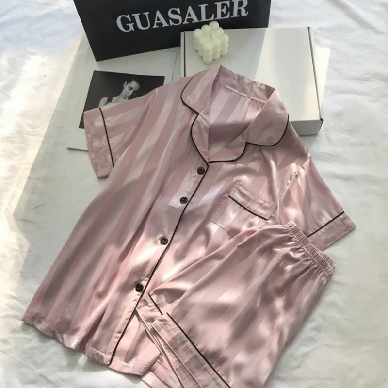 2Pcs Women Sleep Lounge Set Plus Size Seamless Satin Pajama Top & Short Set Striped Button Up Short Sleeve Shirt & Pants Pajamas women pajamas set,women pajama suit