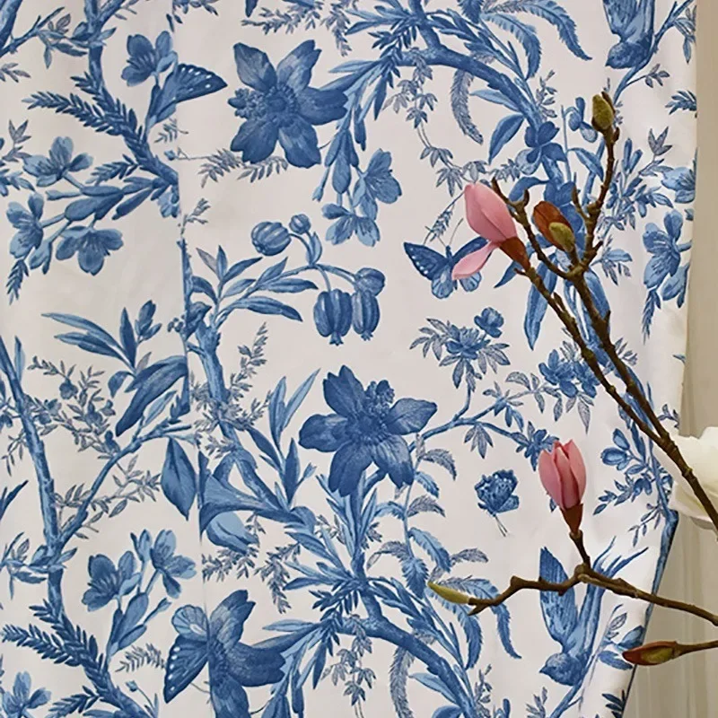 Chinese Style Flowers Birds Butterflie Blue and White Printing Curtains for Living Room Bedroom French Window Balcony Customized 5