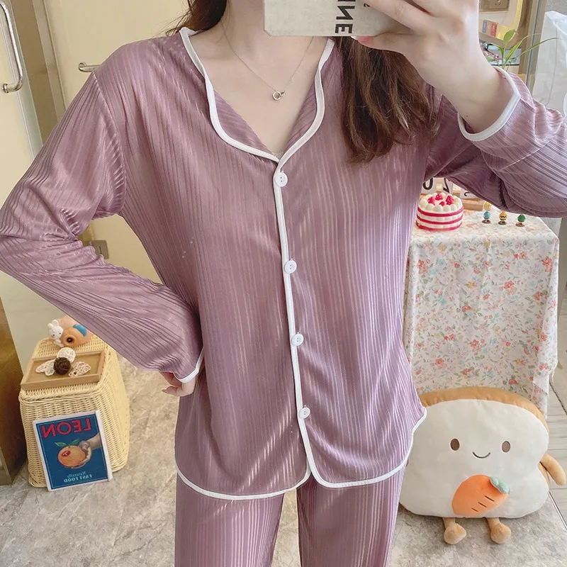 Spring and autumn women's pajamas printed double long pit strip milk silk 180k cardigan small lapel home clothes 2-piece set