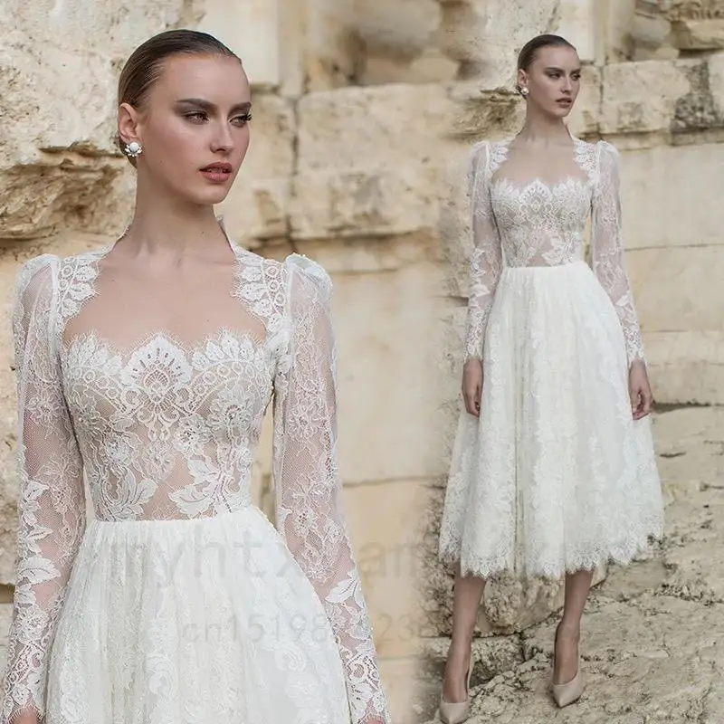 

Sexy Long Sleeve Lace Short Wedding Dresses 2023 Tea-length A-line Elegant Bridal Party Gown For Women Square Collar Custom Made